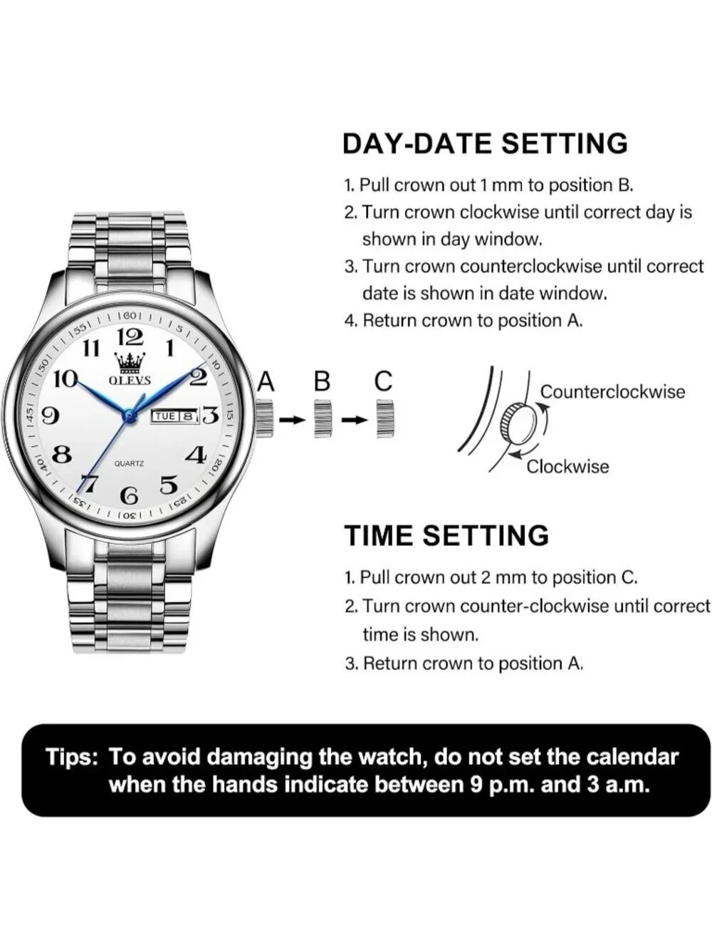 Olevs Mens Silver Luxury Stainless Steel White Face Analog Quartz Luminous Watch